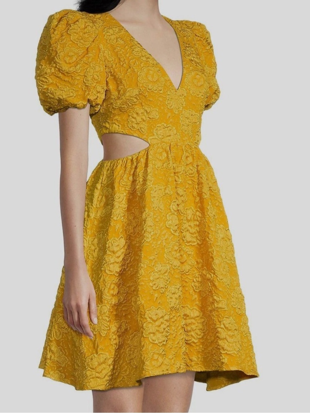 ONE33 Social Women's Yellow Jacquard Cut-Out Puff-Sleeve Mini Dress Size 6 Chic - Picture 2 of 12